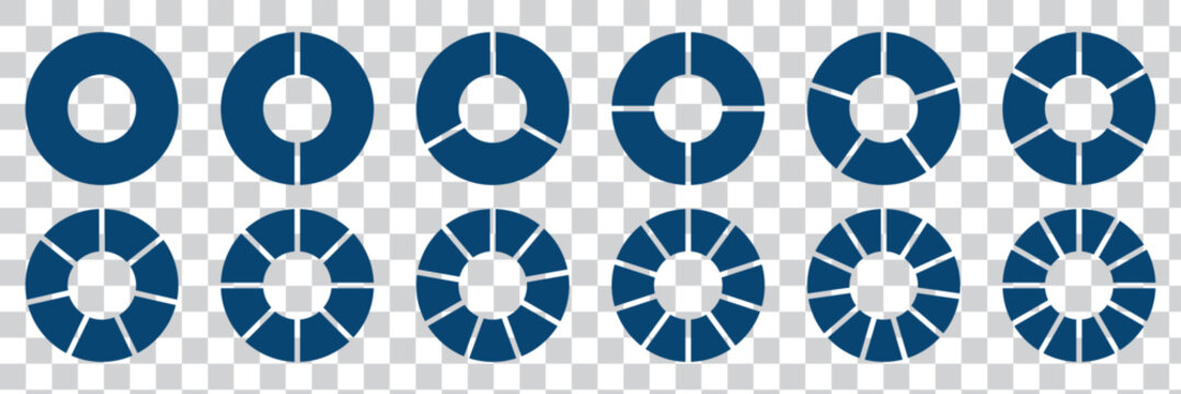Circle pie chart diagram. Set of pie charts diagrams. Pie chart divided 2, 3, 4, 5, 6,7, 8, 9, 10, 11, 12. equal parts. Circle section graph. Different color circles. Colorful diagram graphs. Eps 10