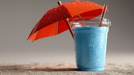 Refreshing Blue Beverage with Red Umbrella on Sandy Surface