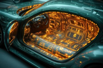 Futuristic automobile interior, illuminated with glowing circuitry.