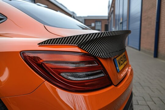 Orange sports car's detailed rear spoiler and taillights.