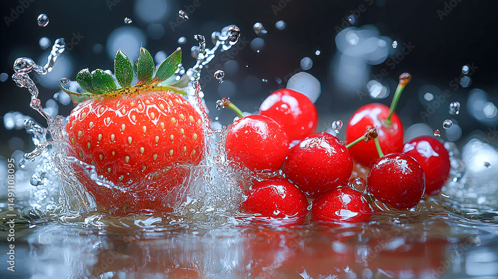 Poster Fresh red strawberries and cherries splashing in water with vivid detail, captured in a dynamic and refreshing macro scene