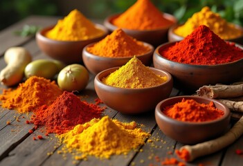 vibrant spices colorful arrangement wooden surface culinary delight natural ingredients cooking, herb, seasoning, paprika, cinnamon, turmeric, peppercorn