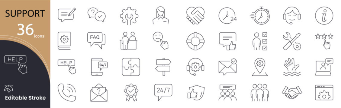 Support icon set. Customer service and assistance related line icons: help, chat, question, feedback, communication, troubleshooting, teamwork, service and .Editable stroke. Vector illustration.