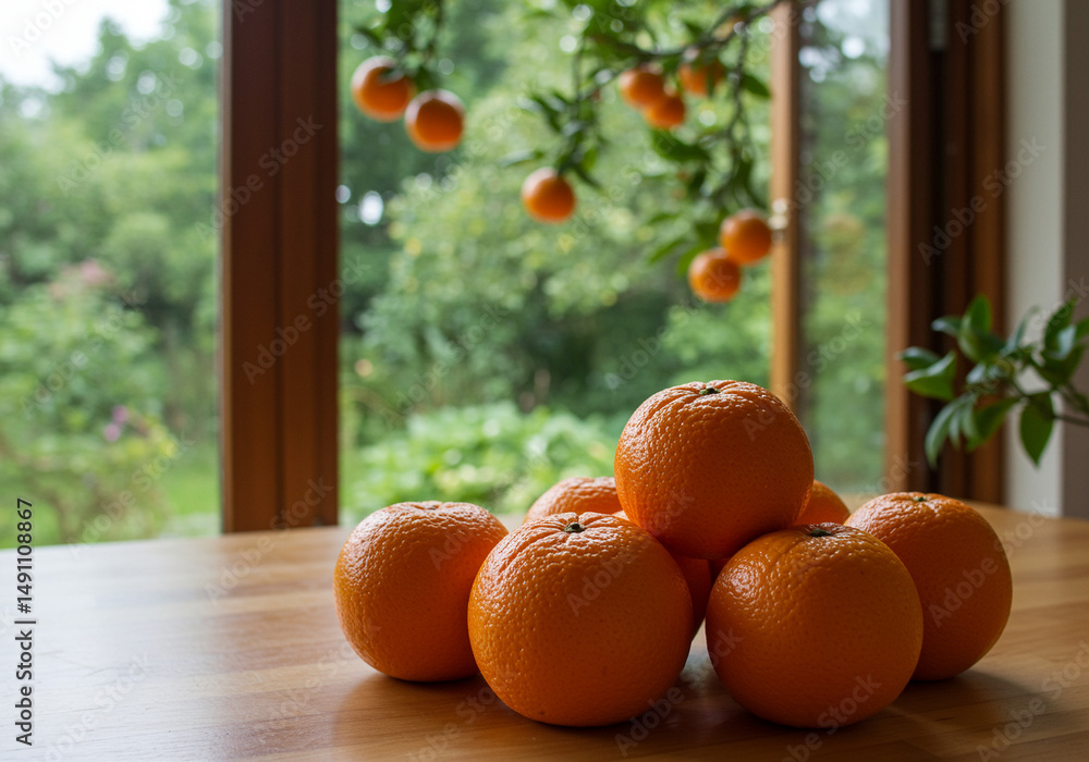 Poster oranges on wooden table with orange tree in background showcasing fresh oranges and vibrant colors o