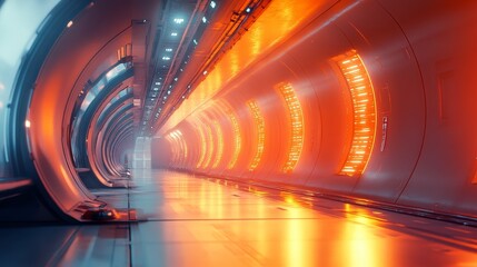 Futuristic tunnel interior illuminated with vibrant orange light.