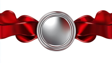 Elegant Silver Round Emblem with Flowing Red Satin Ribbon – Luxurious Decorative Badge Design for Awards, Certificates, Celebrations, Product Packaging, Branding Elements, and Festive Graphic Layouts