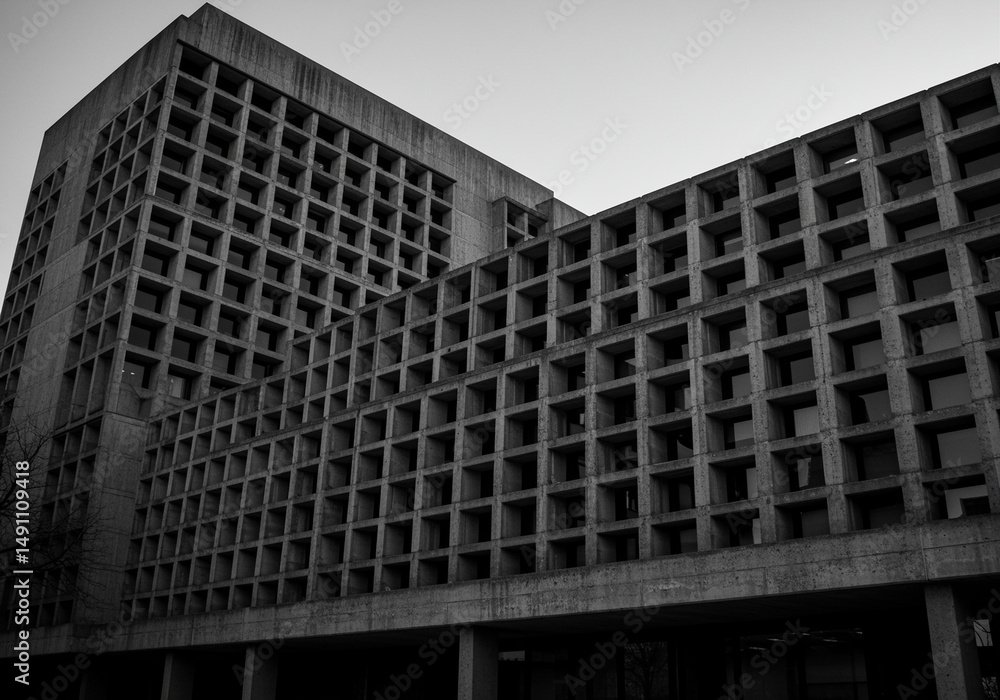 Poster building architectural structure featuring modern architecture and building design with grid facade.