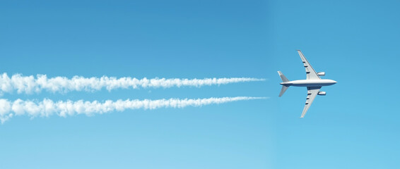 An airplane flying in the sky and releasing chemtrail clouds in a long, horizontal line. The blue sky is beautiful,
