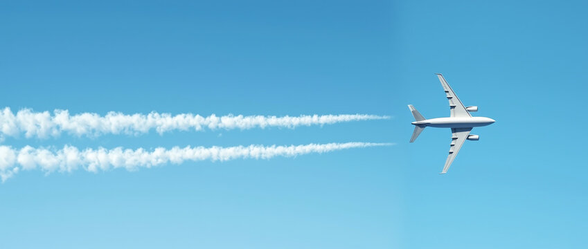 An airplane flying in the sky and releasing chemtrail clouds in a long, horizontal line. The blue sky is beautiful,