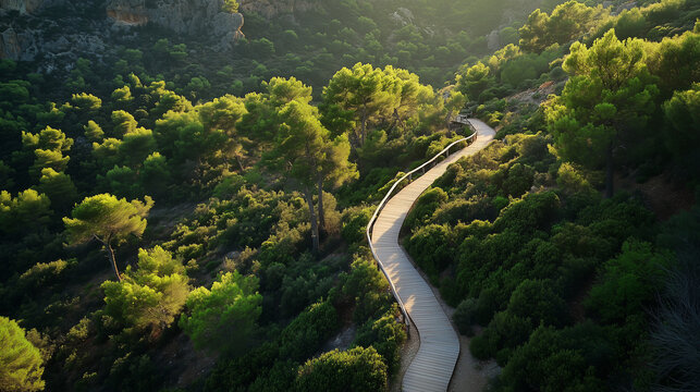 A winding path gently curves through a sunlit forest, surrounded by lush green trees and rugged hills — a serene landscape that invites exploration, reflection, and the quiet beauty of nature’s  - Powered by Adobe
