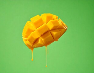 Diced, dripping mango chunk against a green background. Sweet & juicy tropical fruit