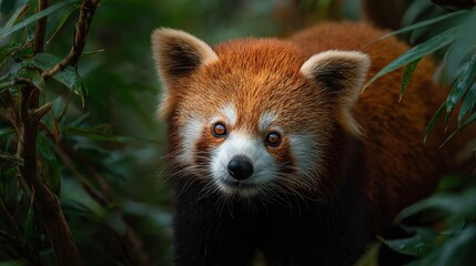 Obraz premium Exploring the enchanting world of red pandas a close up portrait in lush green foliage habitat setting