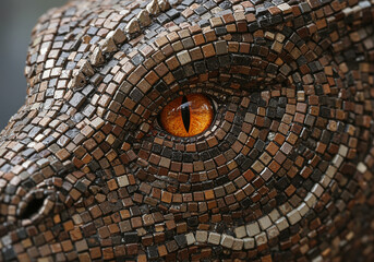 Mosaic lizard eye close-up showcases intricate animal art with detailed mosaic reptile design and captivating orange eye highlighting the craftsmanship of mosaic animal sculpture