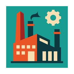 Obraz premium Retro illustration of an industrial factory with smoke stacks and a cogwheel for manufacturing