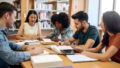Diverse group studies together at a library table, books open, taking notes in a brightly lit space