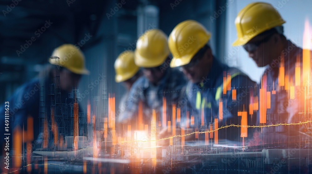 Poster team of engineers in hard hats analyzing data with overlays