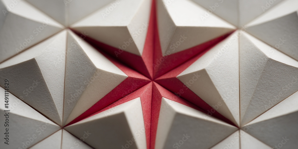 Poster close-up of textured paper forming a red star within a white geometric pattern, showcasing a three-d