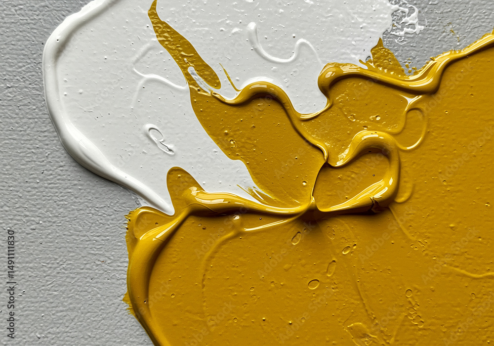 Poster paint mixing white and yellow paint creating abstract texture on canvas. close-up shot of vibrant co