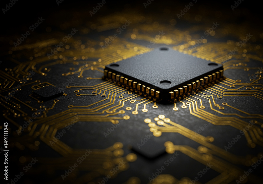 Poster microchip on circuit board with golden traces shows technology and computing components. the microch