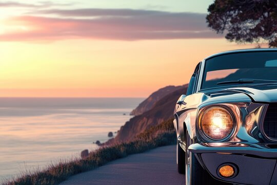 Fototapeta Classic car, sunset, coastal drive.  A nostalgic journey.