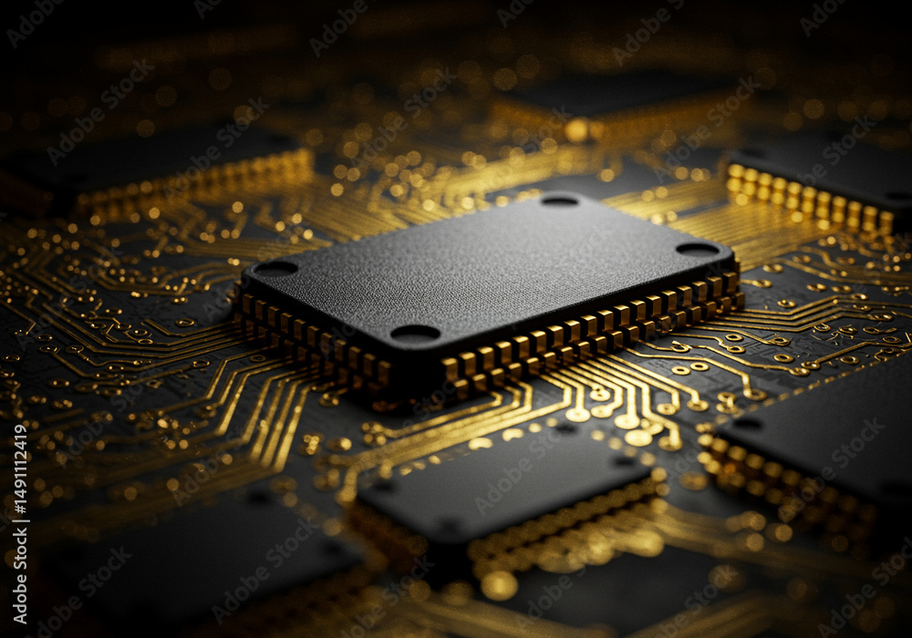 Poster microchip on circuit board with golden traces showcases technology advancement and intricate design 