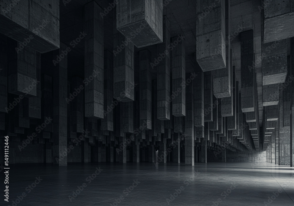 Poster concrete pillars in modern architecture concrete structure. dark concrete pillars hanging from the c