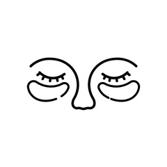 Obraz premium Minimalist line art of face with closed eyes and skin care patches on lower eyelids. Black and white icon in minimalist style on white background. Editable SVG