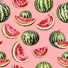 ripe, juicy watermelon, sweet fruit, berry, pattern, seamless texture. watercolor illustration. artificial intelligence generator, AI, neural network image. background for the design