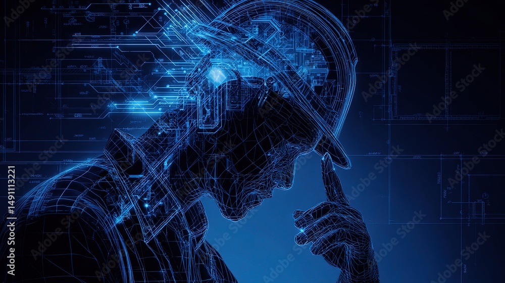 Poster engineer silhouette with embedded technology blueprint design
