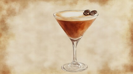 Martini Espresso alcoholic cocktail watercolor isolated painting. Art deco layered coffee drink in beautiful glass. Design for menu of a bar, restaurant, café or party invitation
