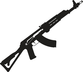 Fototapeta premium Assault rifle silhouette illustration. Army weapon for war in black color.Vector image silhouette of modern military assault rifle symbol illustration isolated on white background