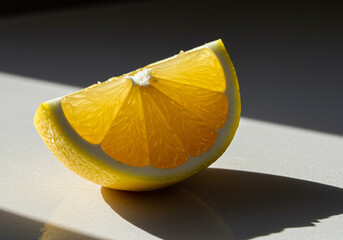Lemon slice on white surface with shadow showcasing fresh fruit and vibrant yellow color creating a refreshing and bright image
