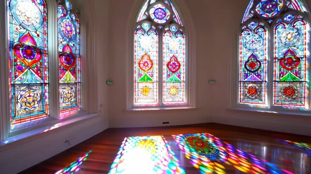 Interior view of a room with multiple stained glass windows casting colorful light patterns onto the wooden floor.