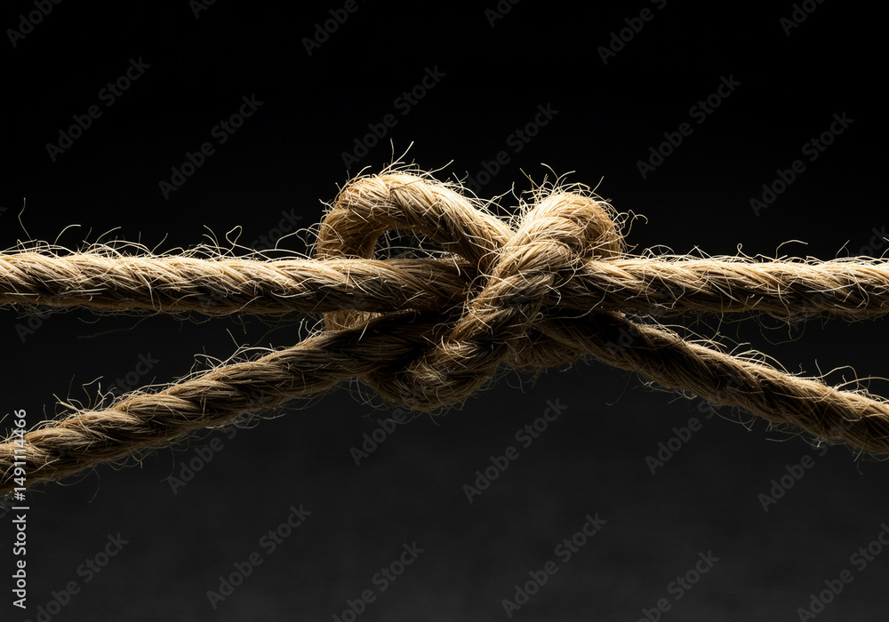 Poster close-up of a knotted rope showcases the intricate details of the knot and the texture of the rope a