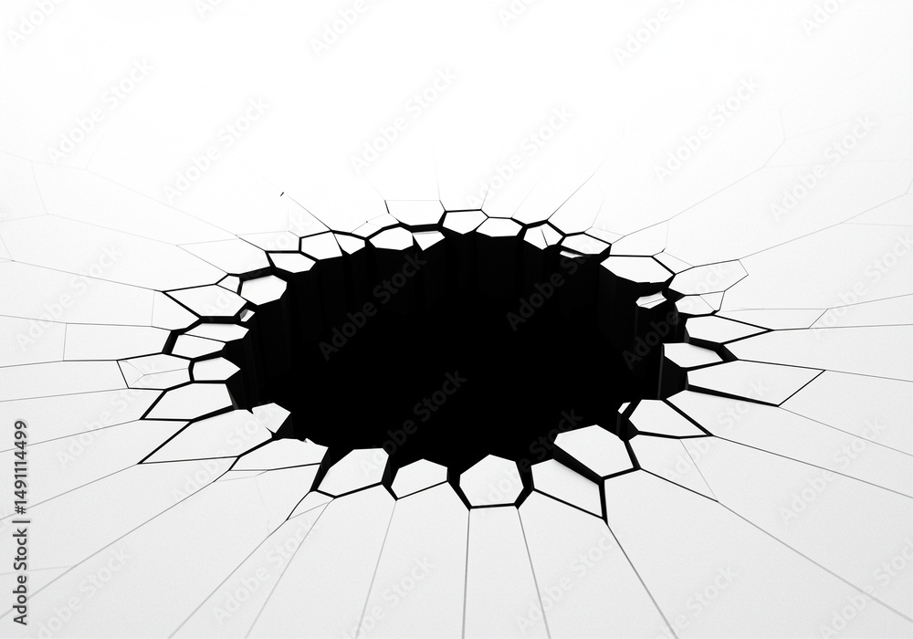 Poster hexagonal hole in white surface with cracks abstract design element. black hole with white cracked s