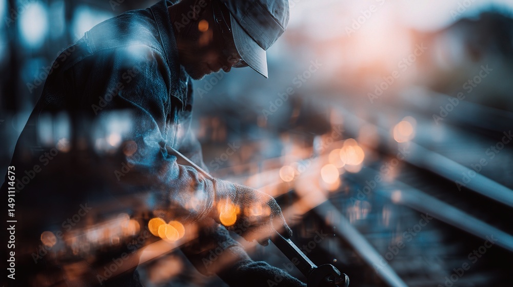 Poster mechanic working with wrench on train tracks in double exposure style