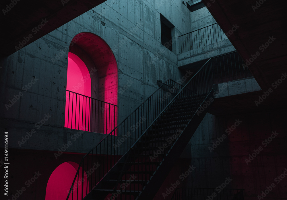 Poster stairs in modern architecture with staircase design featuring concrete walls and pink light creating