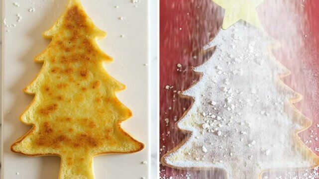 The process before after of making french toast christmas tree holiday atmosphere.