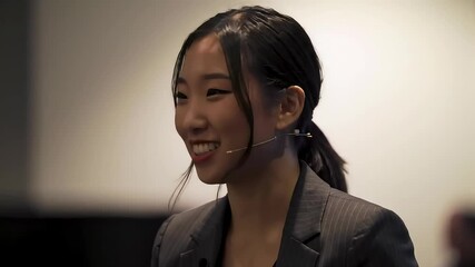 Portrait of a Smiling Young Businesswoman in a Grey Pinstripe Suit