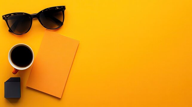 Flat lay composition of coffee, sunglasses, and notebook on a bright background.