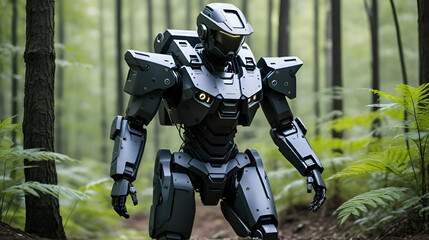 An elite robot special forces soldier, soldier testing a next-generation exoskeleton battlesuit , stealth camouflage technology