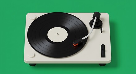 Minimalist Cream Turntable with Vinyl Record on a Fresh Green Background
