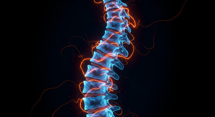 Glowing digital illustration of human spine with red and blue neural pathways. Concept: spine, medical, neural, health, anatomy, technology. Great for healthcare, diagnostics, medical design.