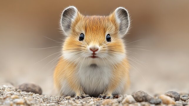 Adorable american pika close up portrait with expressive eyes and detailed fur texture sitting on rocky terrain