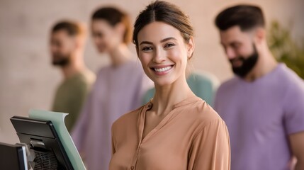 Obraz premium smiling woman stands in front of workout equipment, ready to help visitors at a fitness center
