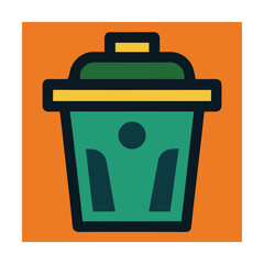 Colorful illustrated icon of a green and yellow trash can on an orange background