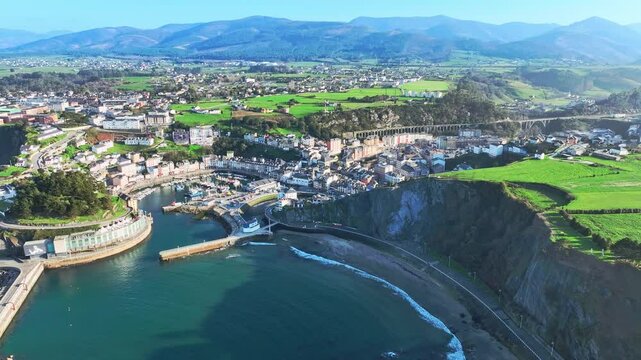 Cityscape of Luarca aerial view in Asturias at the Cantabrian sea.