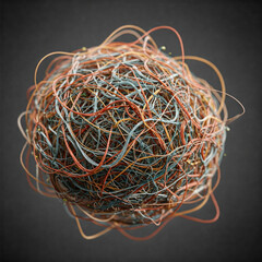 A ball of tangled multi-colored wires on a gray background.