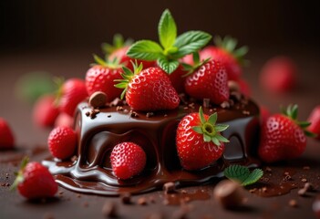 melting dark chocolate dripping over fresh juicy strawberries indulgent dessert sweet treat refreshing juiciness gourmet garnish, fruit, indulgence, creamy