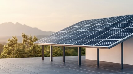Solar panels on a modern rooftop with a mountain backdrop at sunset.